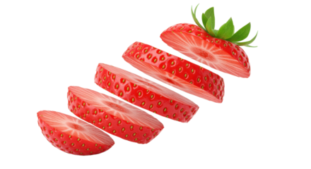 Hyper-realistic floating slices of strawberry in diagonal composition, isolated on transparent png with shadow details