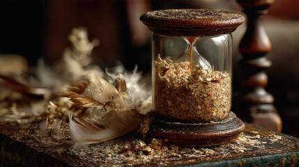Vintage Hourglass with Sand and Natural Elements on Wooden Table