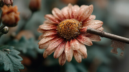 Vintage Key Inserting into Beautiful Flower Petal Decorated Scene