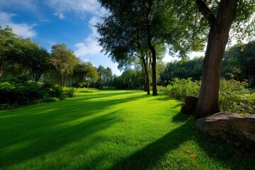 Fototapeta premium Green Grassy Field with Trees and Blue Sky