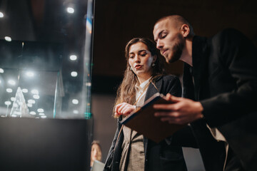 A group of young professionals collaborates while evaluating an exhibit in a modern, urban setting....