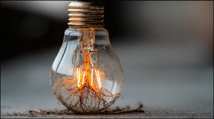 Vintage Light Bulb with Glowing Filament and Roots Background