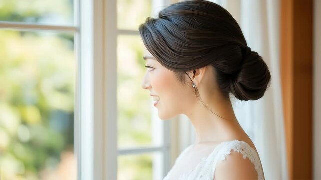 窓辺で微笑む純白のウェディングドレスの花嫁