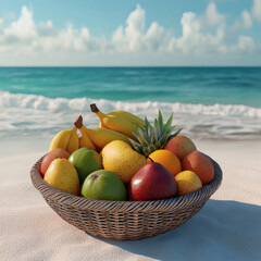 Colorful fruit basket on the beach