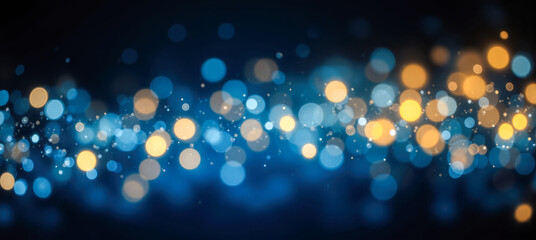 Blurred glowing bokeh lights in dark blue background with soft golden tones, abstract festive defocused backdrop for celebration design and decoration