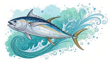 Hand-painted tuna darting through colorful ocean currents with vibrant brush textures