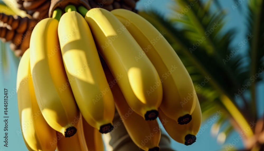 Poster a bunch of bananas hanging from a tree. the bananas are yellow and are arranged in a way that they a