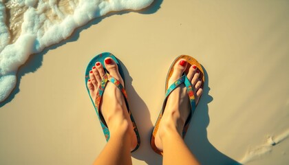A woman is standing on the beach wearing flip flops. The flip flops are colorful and have a unique design. The beach is a beautiful and relaxing setting, and the woman is enjoying her time there