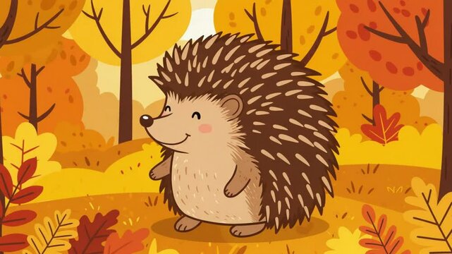 Autumn clipart of a happy hedgehog with fall leaves in a forest background