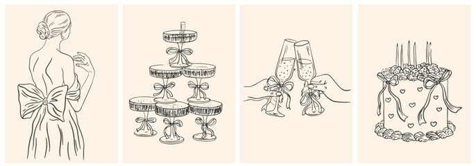 Hand drawn chalk Italian style wedding posters. Wine, champagne tower, bride, cake drawings for wedding invitations, menu and parties. Ink doodle sketch style. Coquette vintage vector illustrations © PawLoveArt