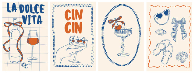 Hand draw la dolce vita vintage posters. Italian amalfi sicily style vacation vector illustrations in ink line doodle sketch style.  Chalk charcoal style drawing for poster, placard or print