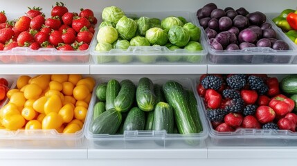 Freshly harvested fruits and vegetables displayed in clear plastic containers on a market shelf, vibrant colors and variety, and healthy eating concept.