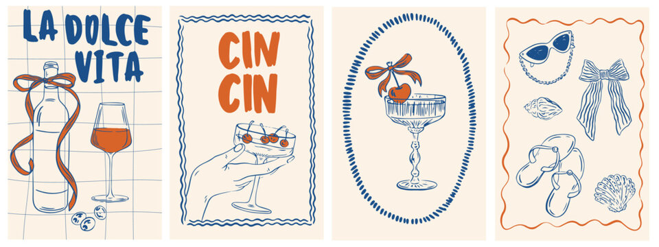 Hand draw la dolce vita vintage posters. Italian amalfi sicily style vacation vector illustrations in ink line doodle sketch style.  Chalk charcoal style drawing for poster, placard or print