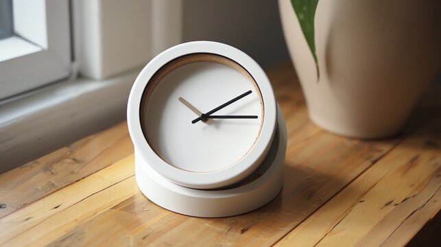 This is a photo of a white clock on a wooden table. The clock has a round face with a white background and black numbers.