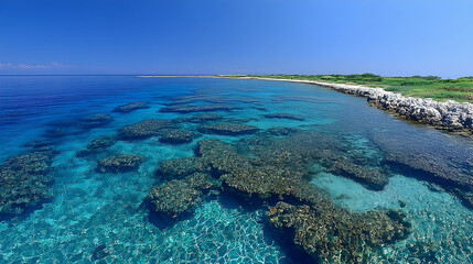 Obraz premium Pristine Turquoise Waters and Coral Reefs Along a Lush Green Isl