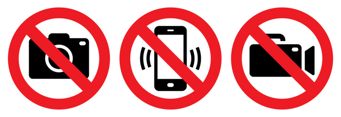 Warning signs - no phone, no camera, no camcorder. Mobile phone, taking photos and video prohibited.