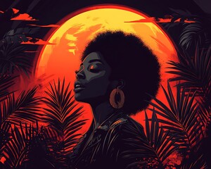 Serene woman, Afro, sunset, tropical leaves