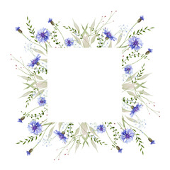 Watercolor floral square frame. Meadow blue cornflowers, forget-me-not flowers, green wild branches, leaves, herbs. Hand drawn style illustration. Artistic template design.