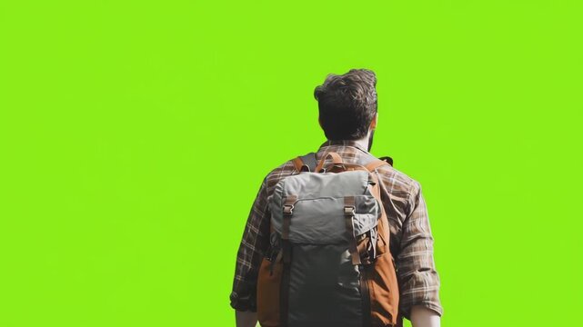 Rear/back view of a Male traveler, carrying hiking backpack, walking isolated, cut out against green screen chroma key background, representing travel spirit, wanderlust, adventure, exploration.