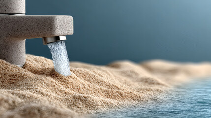 Water Flowing from Faucet onto Sandy Beach Landscape Scene