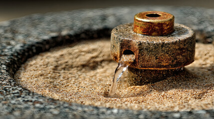 Water Flowing from Vintage Fountain into Stone Basin with Sand