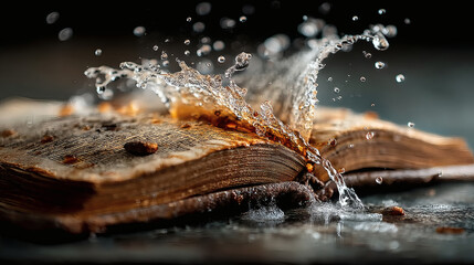 Water Splashing Over Open Book with Vintage Pages and Texture
