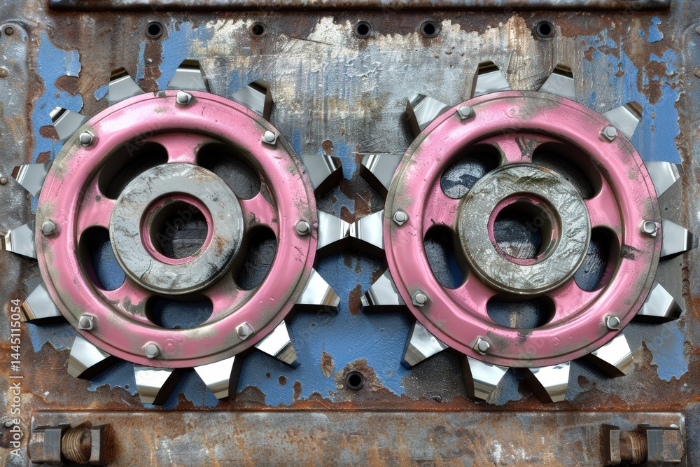Poster rustic gears with a weathered metallic background.