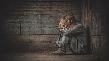 Child sitting alone, head bowed, wearing worn clothes against a rustic wooden wall, conveying loneliness and hardship