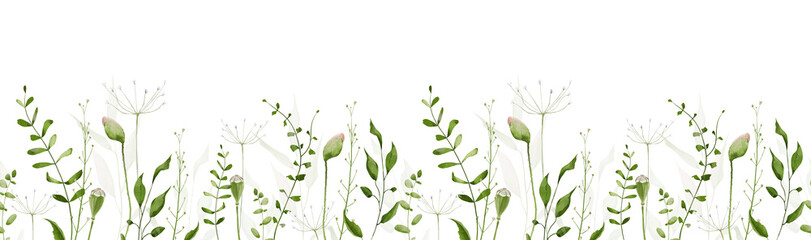 Watercolor floral greenery seamless border. Green and sage wild twigs, branches, herbs, leaves and poppy flower buds. Hand drawn style illustration. Artistic template design.