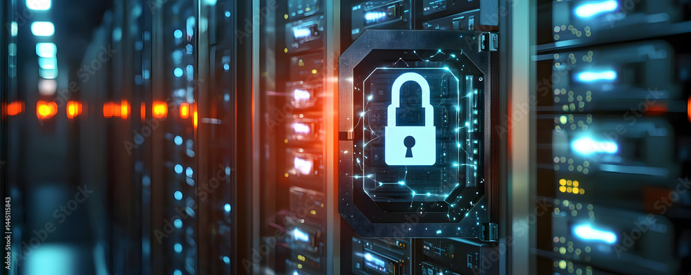 Poster a secure server room with digital lock overlay, highlighting cybersecurity and data protection. the 