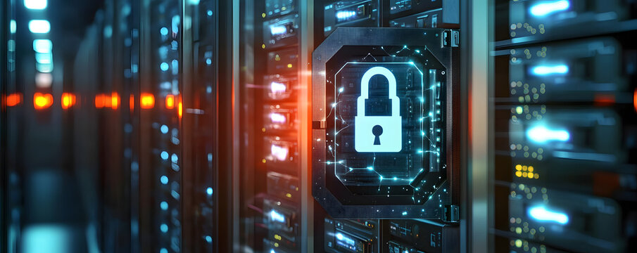 A secure server room with digital lock overlay, highlighting cybersecurity and data protection. The glowing servers emphasize technology and safety