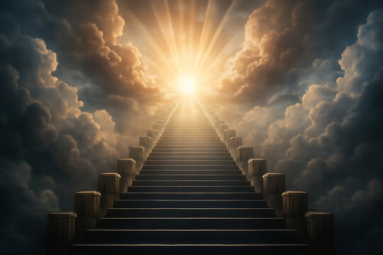 White staircase into heaven, angelical realm, merging with golden light and stars, representing the journey to unknown realms of thought