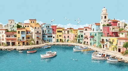 Colorful seaside village with boats in calm harbor and pastel buildings under clear blue summer sky