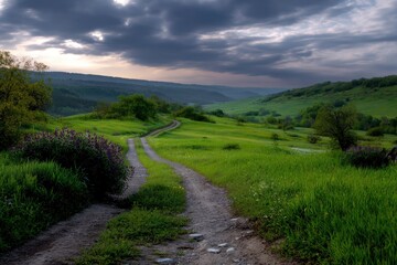 Naklejka premium Dirt Road Through Green Hills Landscape