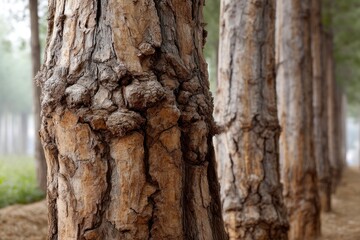 Naklejka premium Close-up on patterned bark of a tree trunk in a forest showing depth and perspective, creating a