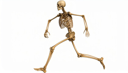 Human skeleton in running pose on white background, showcasing movement and anatomy