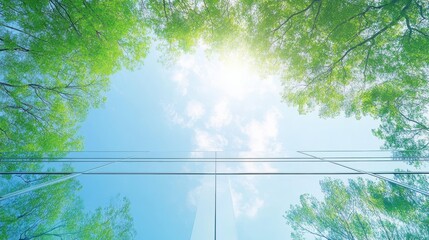 Serene Azure View of Emerald Canopied Trees and Clouds Reflected off Building Glass Facade with Bright Sun