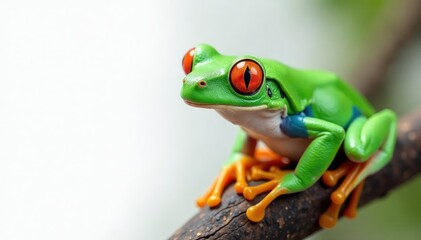 Naklejka premium Green tree frog perched on white, vibrant detail, tree frog, exotic