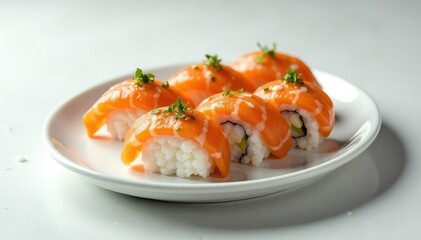 Fresh sushi platter on white, minimalist setting, oriental, menu