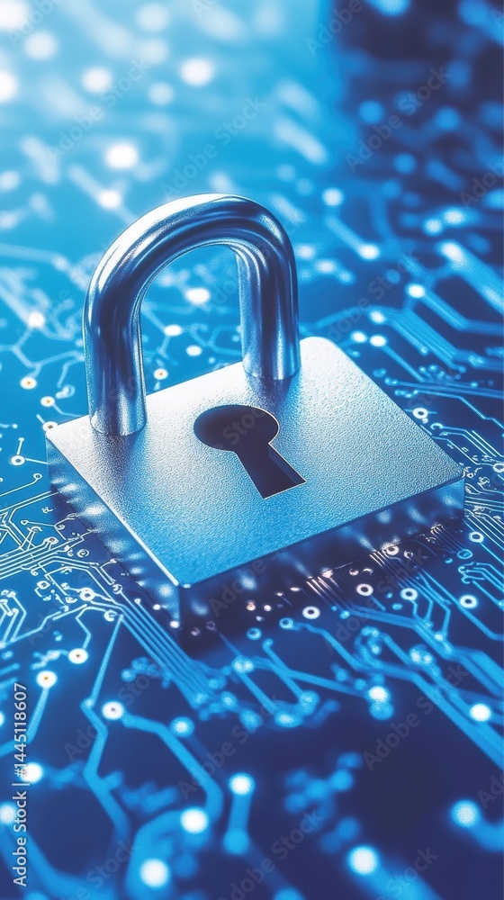 Poster secure network technology protecting digital data with padlock over blue circuit board backdrop