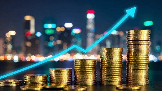 Investment growth strategy financial planning and wealth management with rising coin stacks chart up trend