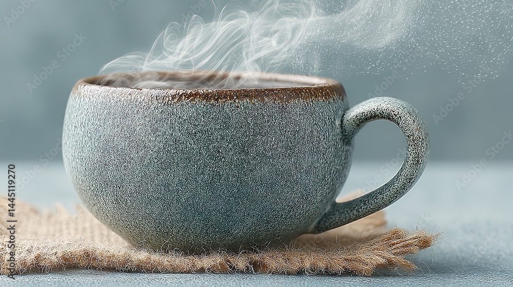Poster a steaming cup of coffee in a rustic ceramic mug on a textured surface.