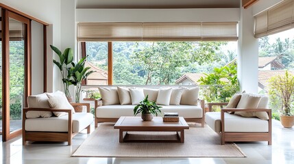 Bright airy living space with natural light and comfortable furniture, blending indoor comfort with outdoor views of lush greenery.