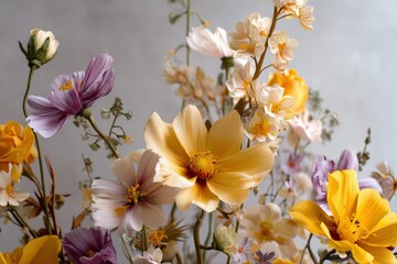 Delicate pastel and yellow flowers arranged in a captivating bouquet. Soft light accentuates the petals' texture.