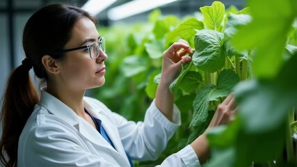 Caucasian woman scientist examining leafy greens in vertical hydroponic farm. 


