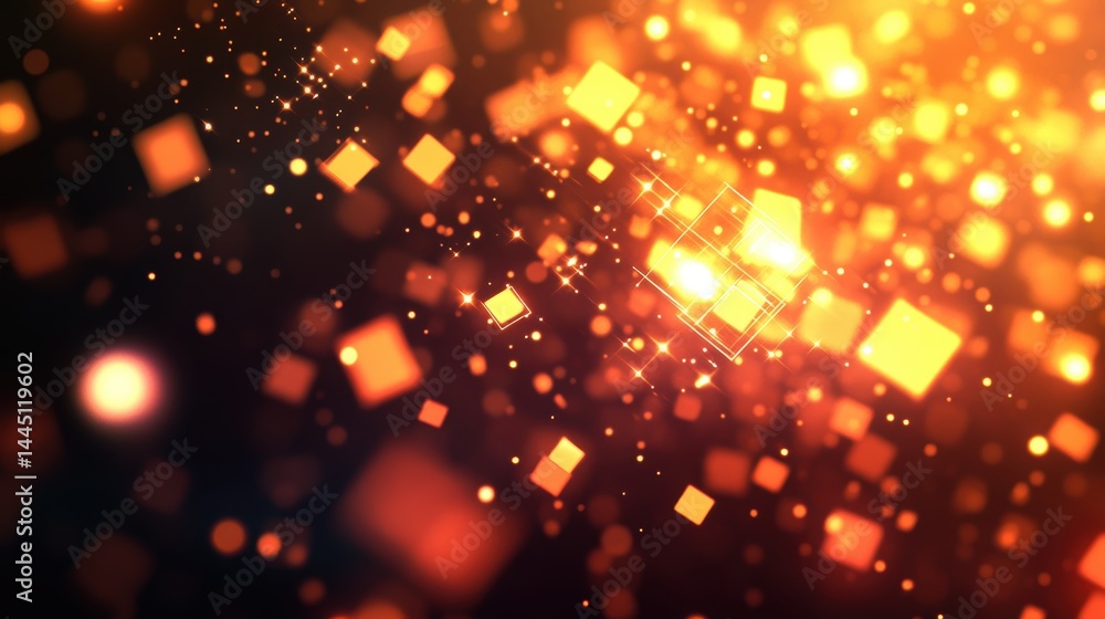 Poster glowing squares and sparkling particles abstract background with warm orange and yellow tones