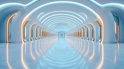 Futuristic corridor with illuminated arches. Sleek and modern design with a sense of progression and advanced technology.