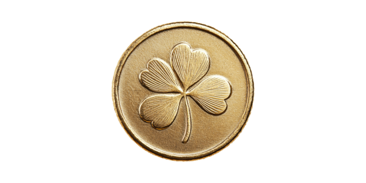Gold Coin With Four-Leaf Clover Design. Symbol Of Luck And Prosperity Isolated On Transparent Background