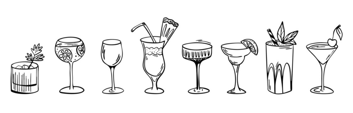 Hand drawn cocktail glasses set in black and white line art