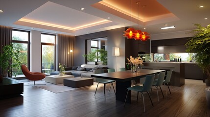 Sophisticated living space featuring modern design, open floor plan, and natural light creating an inviting atmosphere. Interior design.